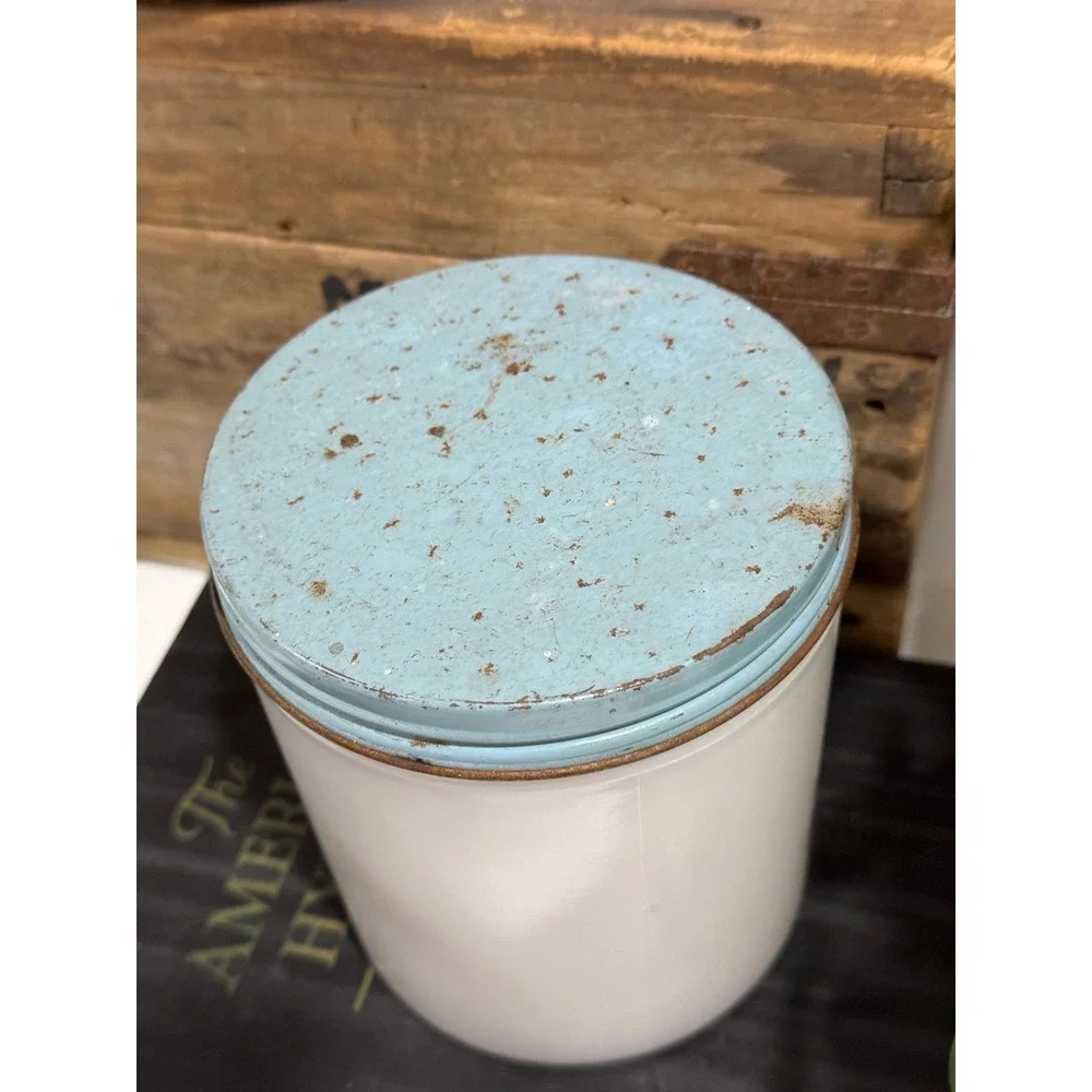 Vintage Dorothy Gray Milk Glass Cold Cream Jar with Blue Metal Lid Made in USA